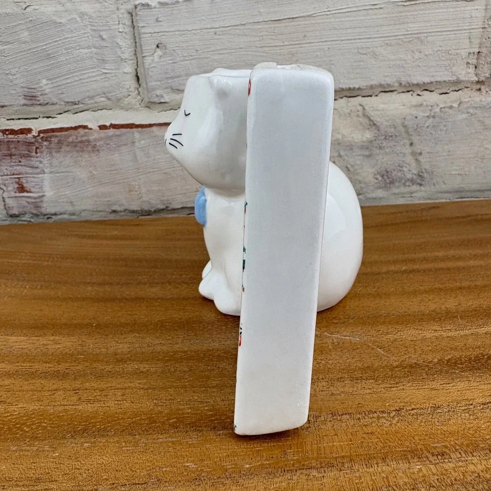 Ceramic Cat Vase Photo Frame Combo White Blue Bow Tie Ditsy Floral Cottagecore